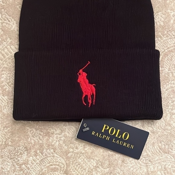 Brand New Polo Ralph Lauren Black Knit Stretch Beanie Hat Red Embroidered Pony - Picture 5 of 14